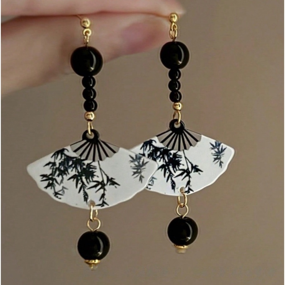Long Silver Needle Ink Painting Fan-Shaped Vintage Earrings For Women